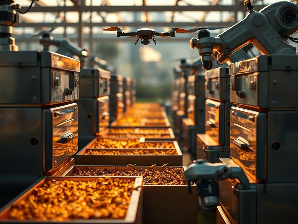 Apicoltura di precisione: a meticulously designed, fully-automated apiary. Gleaming metal hives with precision sensors monitor bee activity, temperature, and honey production. Robotic arms delicately extract the golden nectar, while autonomous drones pollinate the surrounding fields. Soft, ambient lighting casts a warm glow over the scene, creating an atmosphere of efficient, high-tech harmony between man and nature. A cutting-edge Apicoltura facility, where traditional beekeeping meets the future of sustainable agriculture.