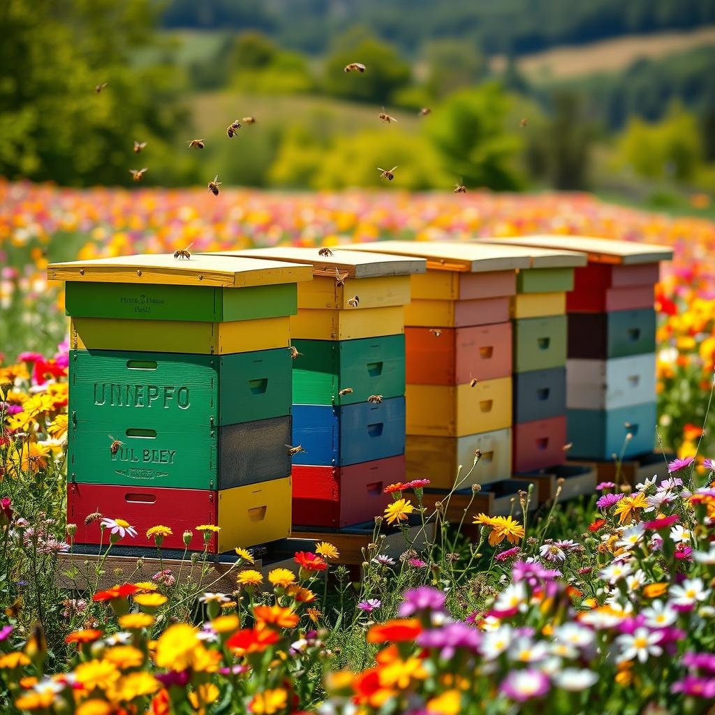 Apicoltura nomade di Borvei Miele con alveari posizionati in un campo fiorito Apicoltura nomade di Borvei Miele con alveari posizionati in un campo fiorito