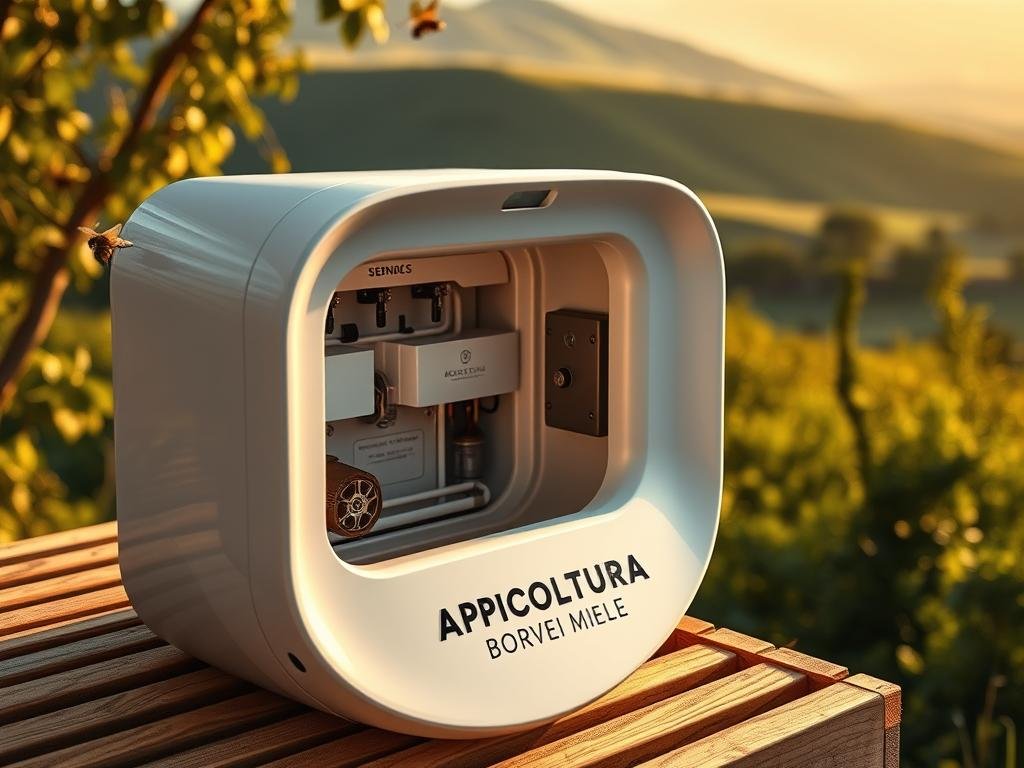 Automated ventilation system for a beehive, with the APICOLTURA BORVEI MIELE brand prominently displayed. A sleek, modern design in the foreground, featuring smooth curves and clean lines. The middle ground showcases the intricate inner workings, with sensors and mechanisms responsible for regulating temperature, humidity, and airflow. In the background, a serene Italian countryside setting, with rolling hills and lush greenery, reflecting the natural environment of the hive. Warm, golden lighting illuminates the scene, conveying a sense of efficiency and harmony. The overall composition evokes a feeling of technological innovation in harmony with the natural world.