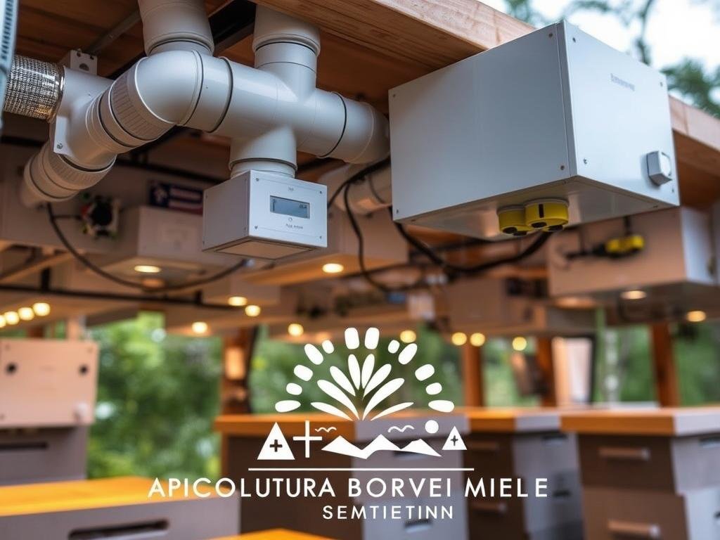 Automated ventilation systems for beehives, showcasing intricate air ducts, temperature and humidity sensors, and control panels. The setup is sleek and modern, with a clean aesthetic that blends seamlessly into the natural environment. Warm lighting illuminates the key components, highlighting the advanced technology at work. In the foreground, the APICOLTURA BORVEI MIELE brand name is prominently displayed, conveying the high-quality and innovative nature of the system. The image evokes a sense of efficiency, reliability, and a harmonious balance between technology and the needs of the hive.
