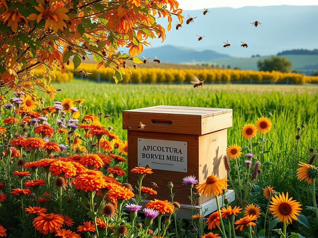 Autumnal bee garden, vibrant with fall foliage and blossoming nectar-rich flowers. Honeybees pollinate a diverse array of plants, their flight paths dappled by soft, warm lighting. In the foreground, a wooden hive bearing the logo "APICOLTURA BORVEI MIELE" stands as a central focus, surrounded by clusters of orange marigolds, purple asters, and golden sunflowers. The middle ground showcases a lush meadow with verdant grasses, while the background depicts a picturesque Italian countryside, with rolling hills and a hazy blue sky. The overall scene conveys a sense of seasonal abundance, harmony, and the vital role of bees in the autumnal ecosystem.