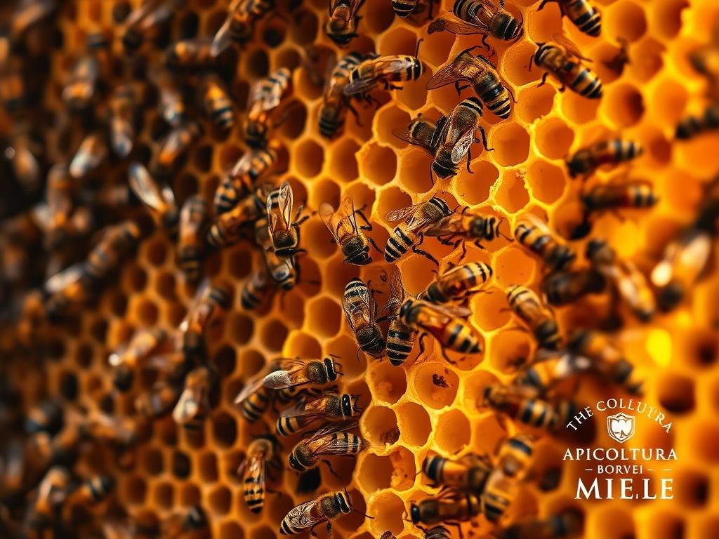 Bees meticulously crafting golden honeycomb, the wax secreted from specialized glands and skillfully molded. A detailed close-up view showcases the intricate patterns, the worker bees tirelessly shaping the comb with their nimble legs and mandibles. The scene is bathed in warm, natural lighting, capturing the industrious, almost serene atmosphere of the hive. In the background, a subtle logo reads "APICOLTURA BORVEI MIELE", reflecting the artisanal quality of the wax production process.