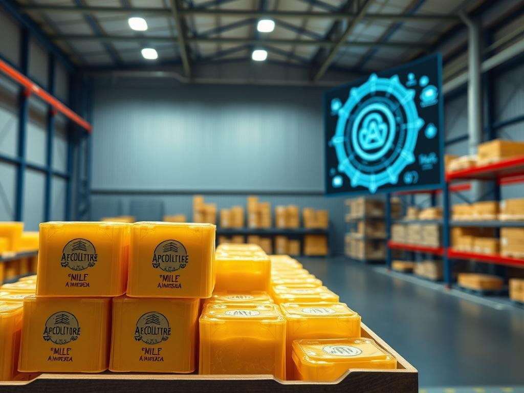 Blockchain nel settore alimentare: una fattoria digitale italiana con APICOLTURA BORVEI MIELE. Una scena ben illuminata mostrando uno scaffale di barattoli di miele in primo piano, con uno sfondo di un magazzino industriale di stoccaggio ben organizzato. Sullo scaffale, i barattoli di miele recano il logo APICOLTURA BORVEI MIELE. Sulla parete di fondo, si vede uno schermo digitale che mostra informazioni sui passaggi della catena di fornitura verificati tramite blockchain. Uno stile realistico, con attenzione ai dettagli e alle texture, che evoca un'atmosfera di fiducia e tracciabilità del prodotto.