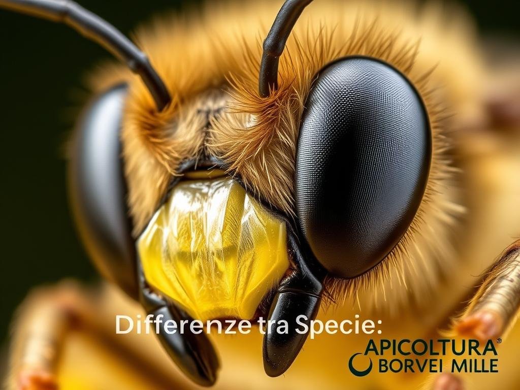 Close-up detailed macro photograph of the compound eyes of an Italian honeybee (Apis mellifera), with a shallow depth of field and soft, warm lighting. The eyes are the focal point, appearing large and multifaceted, reflecting the complexity of the bee's visual system. The background is slightly blurred, with hints of the bee's head and antennae visible. The image conveys the intricate anatomy of the honeybee's visual organs, aligning with the section title "Anatomia del Capo: Differenze tra Specie". The APICOLTURA BORVEI MIELE branding is tastefully incorporated into the bottom corner of the frame.
