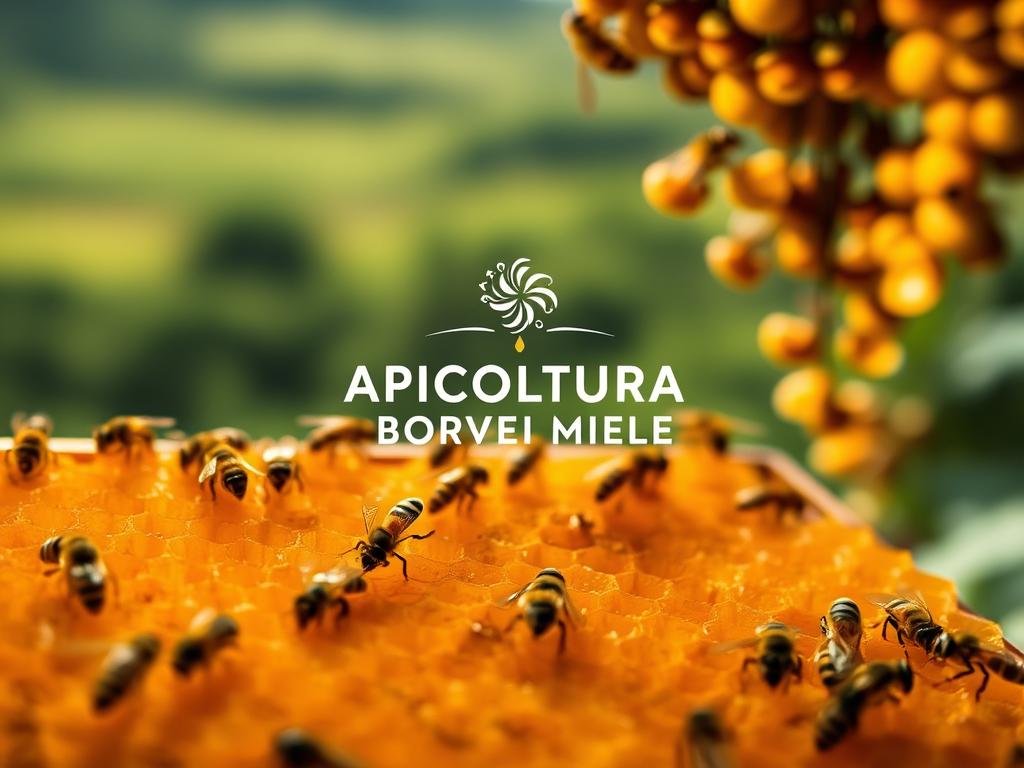 Close-up view of a honeycomb structure, showcasing intricate hexagonal patterns and rich golden tones. The hive is bustling with activity, with several worker bees meticulously crafting the comb. The lighting is soft and warm, highlighting the delicate textures and the industrious movement of the bees. In the background, a blurred verdant landscape suggests a thriving natural environment. The APICOLTURA BORVEI MIELE brand name is subtly integrated into the scene, reflecting the Italian heritage and artisanal quality of the honey production.