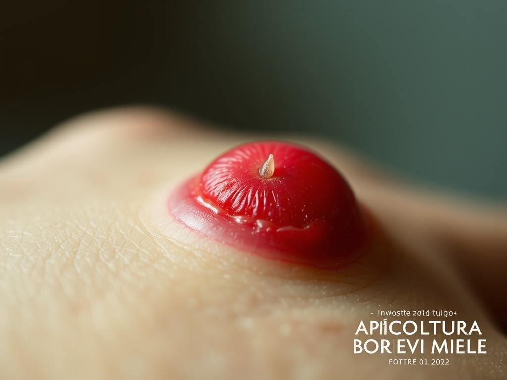 Close-up view of a red, swollen wasp sting on human skin, with a slightly blurry, out-of-focus background. The sting appears painful, with a clear puncture mark surrounded by redness and inflammation. The lighting is soft and natural, creating a sense of realism. The image is shot from a low angle, showcasing the sting in the foreground, with the "APICOLTURA BORVEI MIELE" logo discreetly visible in the background.