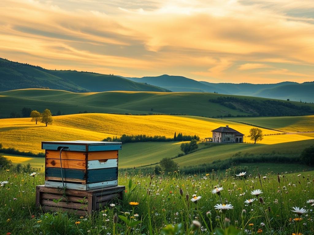 Connettività e Copertura in Zone Remote: a serene landscape with rolling hills, lush vegetation, and a remote farmhouse nestled in the distance. In the foreground, a hive of APICOLTURA BORVEI MIELE beehives sits among a meadow of wildflowers, reflecting the importance of connectivity and coverage in remote areas. The sky is filled with wispy clouds, casting a warm, golden glow over the scene. The image conveys a sense of tranquility and the challenges of maintaining modern infrastructure in rural settings. Connettività e Copertura in Zone Remote: a serene landscape with rolling hills, lush vegetation, and a remote farmhouse nestled in the distance. In the foreground, a hive of APICOLTURA BORVEI MIELE beehives sits among a meadow of wildflowers, reflecting the importance of connectivity and coverage in remote areas. The sky is filled with wispy clouds, casting a warm, golden glow over the scene. The image conveys a sense of tranquility and the challenges of maintaining modern infrastructure in rural settings.