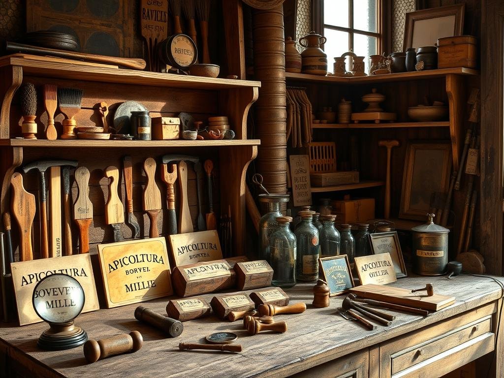 Detailed DIY beekeeping equipment display in a rustic Italian workshop. Vintage wooden shelves with various handcrafted hive tools, smokers, brushes, and other apiary essentials. Antique magnifying glass, old-fashioned hammers, and nails on a weathered workbench. APICOLTURA BORVEI MIELE branded signs and labels add an authentic touch. Soft natural lighting from a window casts warm shadows, highlighting the handmade charm of these homemade beekeeping supplies.