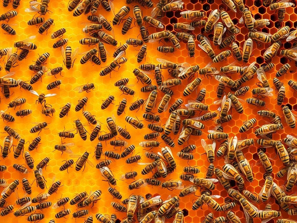 Detailed, accurately-illustrated hive interior showcasing the complex social structure of a honeybee colony. Crisp, high-resolution image with a focus on the intricate comb architecture, diverse bee roles, and dynamic interactions. Warm, natural lighting illuminates the busy scene, capturing the industrious atmosphere of the "Apicoltura" hive. Encompassing foreground, midground, and distant background elements to provide comprehensive visual context. Convey the wonder and beauty of the fundamental biological discoveries about honeybee society.