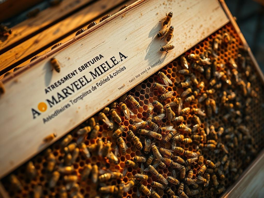 Detailed aerial view of an urban beehive with APICOLTURA BORVEI MIELE branding, showcasing the assessment of food stores inside the hive. Warm natural lighting illuminates the intricate comb structure, highlighting the busy activity of honeybees gathering and storing pollen and nectar. The scene captures the importance of monitoring food resources in city-based apiaries to ensure a balanced diet for the colony. The composition features a mid-range perspective with a shallow depth of field, emphasizing the delicate architectural design of the hive and the diligent work of the bees. Detailed aerial view of an urban beehive with APICOLTURA BORVEI MIELE branding, showcasing the assessment of food stores inside the hive. Warm natural lighting illuminates the intricate comb structure, highlighting the busy activity of honeybees gathering and storing pollen and nectar. The scene captures the importance of monitoring food resources in city-based apiaries to ensure a balanced diet for the colony. The composition features a mid-range perspective with a shallow depth of field, emphasizing the delicate architectural design of the hive and the diligent work of the bees.