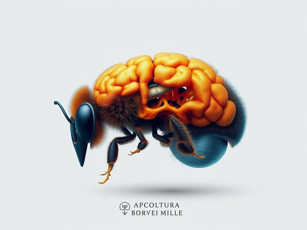 Detailed anatomical cross-section of a complex honeybee brain, rendered in a scientific, technical style. The intricate neural network is visible, with precise biological structures and connections. Vibrant, high-contrast colors highlight the various lobes and regions. Soft lighting from above casts subtle shadows, emphasizing the 3D structure. The image is set against a clean, minimalist background, placing the focus entirely on the detailed cerebral architecture. At the bottom, the APICOLTURA BORVEI MIELE logo is tastefully integrated.