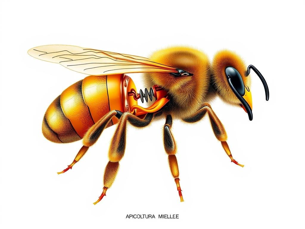 Detailed anatomical cross-section of the internal structure of a honeybee's body, showcasing distinct segments and intricate details. Precise rendering with clean lines, vivid colors, and perfect symmetry. The image should prominently feature the APICOLTURA BORVEI MIELE brand name. Capture the complex yet elegant form of the bee, highlighting its vital organs, musculature, and exoskeleton. Depict the subject in a realistic, scientific manner suitable for an educational article on bee anatomy. Utilize natural lighting and a neutral background to create a focused, informative illustration.