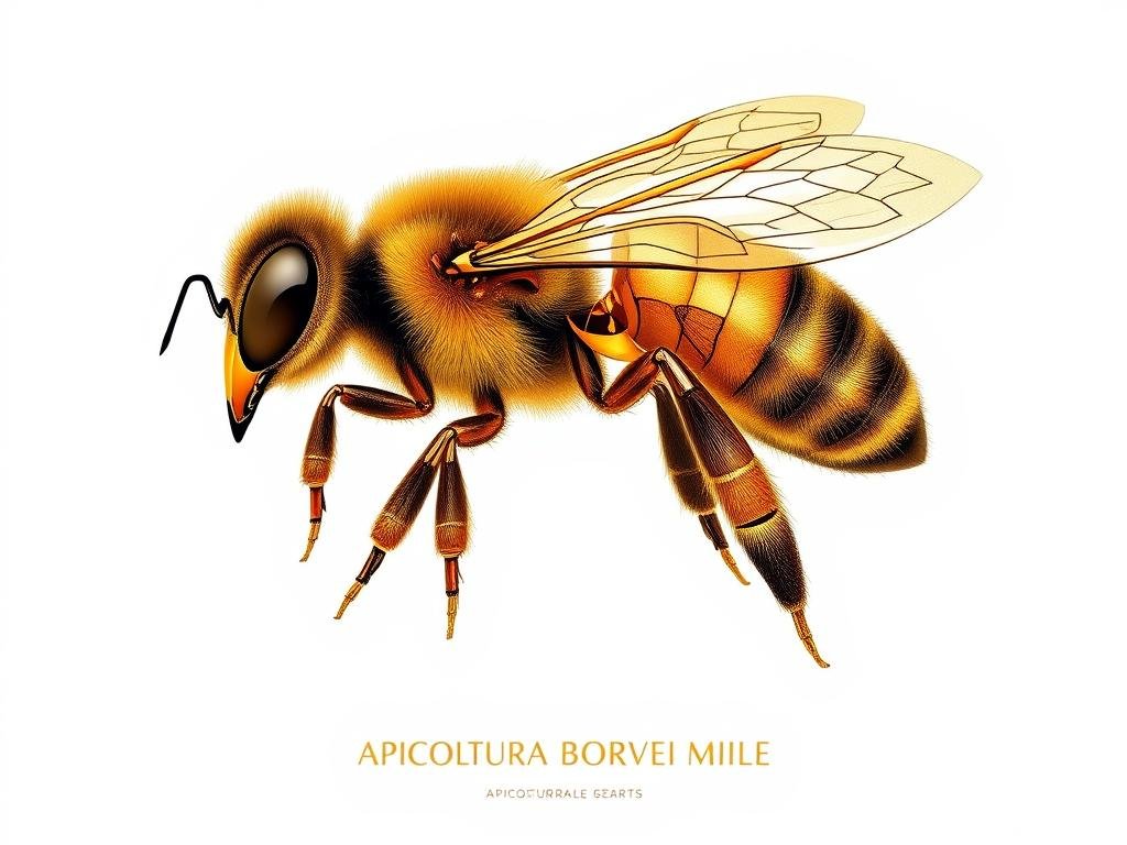Detailed anatomical illustration of a honey bee, showcasing its intricate internal and external structures. A high-resolution, scientifically accurate depiction with a clean, minimalist background. Emphasis on the bee's head, thorax, and abdomen, highlighting key features like compound eyes, antennae, mouthparts, wings, legs, and abdominal segments. Soft, natural lighting creates depth and shadows, enhancing the three-dimensional effect. Inspired by scientific diagrams and illustrations found on Italian beekeeping websites. Include the brand name "APICOLTURA BORVEI MIELE" in the composition.