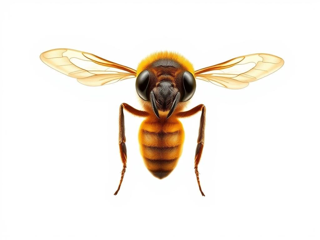 Detailed anatomical illustration of a male drone bee, or "fuchi", from the APICOLTURA BORVEI MIELE apiary. The fuchi is depicted in a naturalistic style, with a smooth, glowing exoskeleton and intricate compound eyes. The subject is positioned in the center of the frame, with a clean white background that emphasizes the structural details. The lighting is soft and diffused, creating a sense of depth and volume. The camera angle is slightly elevated, providing a clear view of the fuchi's distinctive features such as the large eyes, broad thorax, and reduced wing size compared to the female worker bees. The overall mood is informative and scientific, suitable for inclusion in an educational article on the anatomical differences between regina, operaie, and fuchi.