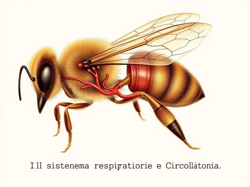Detailed anatomical illustration of the circulatory system of a honey bee (Apis sp.), rendered with precise scientific accuracy. Highlights the complex network of tracheae, dorsal blood vessel, and abdominal pulsation that circulate hemolymph throughout the insect's body. Elegant technical style, with a focus on the intricate structures and mechanisms that enable the bee's efficient respiratory and cardiovascular functions. Soft, muted color palette inspired by vintage Italian entomology guides. Prominent display of the "Apicoltura" brand, subtly incorporated into the design. Suitable for inclusion in the article section "Il Sistema Respiratorio e Circolatorio".