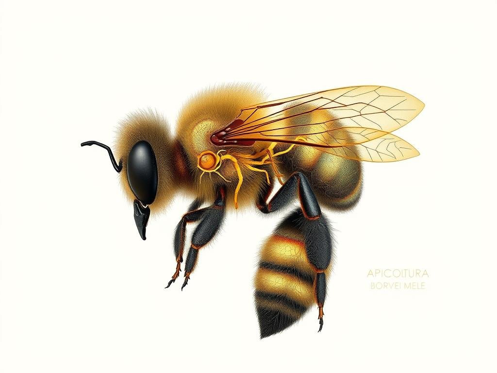 Detailed anatomical illustration of the inner structure of a honeybee's brain, showcasing its intricate neural networks and cognitive mechanisms. The image should have a clean, scientific aesthetic with high-resolution details, neutral lighting, and a neutral background to emphasize the subject. Depict the brain in cross-section, with subtle shading to highlight its different lobes and regions. Include the text "APICOLTURA BORVEI MIELE" subtly integrated into the design, as if it were part of the scientific diagram. The overall mood should convey a sense of exploration and appreciation for the remarkable intelligence of these remarkable insects.