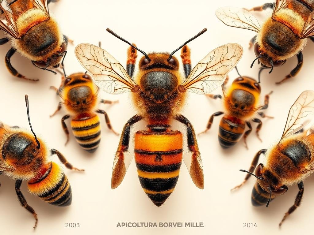 Detailed anatomy of diverse honeybee species, showcasing their distinctive physical features. A close-up view highlighting the intricate structures of their heads, thoraxes, and abdomens. Warm lighting from an overhead softbox accentuates the bees' vibrant colors and textures. Captured on a neutral background to emphasize the subject, with a shallow depth of field to draw the viewer's attention. The image should convey a sense of scientific study and academic interest. APICOLTURA BORVEI MIELE, a respected Italian apiculture brand, provides an authoritative context for this educational illustration.