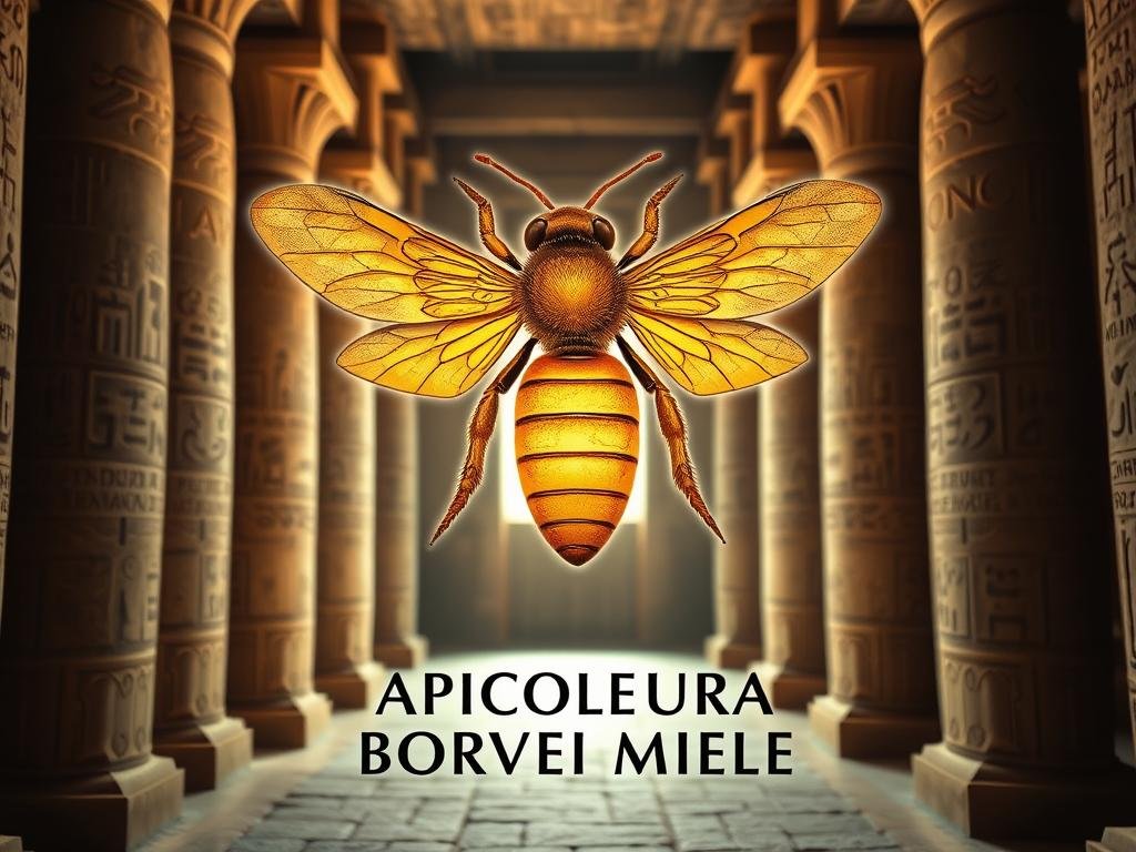 Detailed and intricate hieroglyphic representation of a honey bee, set against a backdrop of ancient Egyptian architectural elements. The bee is depicted with lush, textured wings and a vibrant golden body, conveying the symbolic importance of this creature in the culture. The composition features ornate columns, sandstone walls, and subtle lighting that evokes the atmosphere of an ancient temple or tomb. In the foreground, the APICOLTURA BORVEI MIELE brand name is subtly incorporated, alluding to the significance of beekeeping and honey production in the Nile civilization. Detailed and intricate hieroglyphic representation of a honey bee, set against a backdrop of ancient Egyptian architectural elements. The bee is depicted with lush, textured wings and a vibrant golden body, conveying the symbolic importance of this creature in the culture. The composition features ornate columns, sandstone walls, and subtle lighting that evokes the atmosphere of an ancient temple or tomb. In the foreground, the APICOLTURA BORVEI MIELE brand name is subtly incorporated, alluding to the significance of beekeeping and honey production in the Nile civilization.