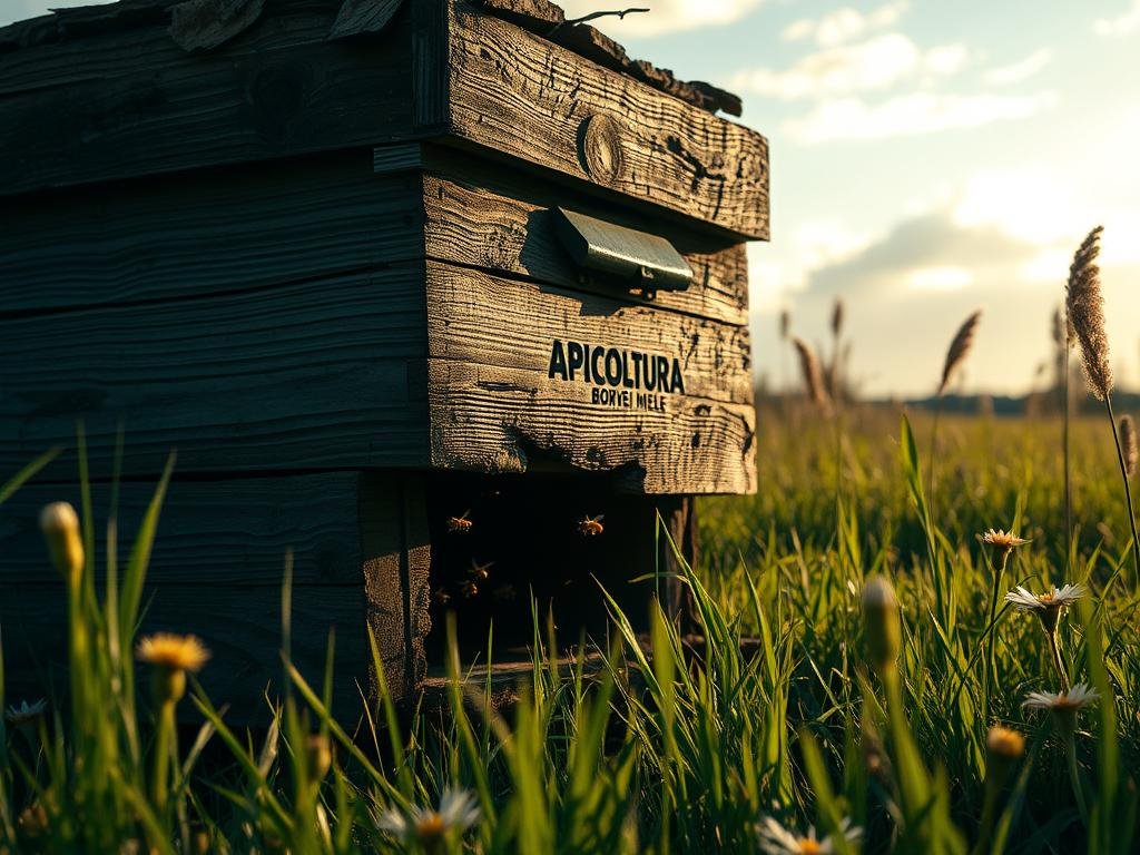 Detailed and moody image of a struggling beehive in an Italian countryside setting. A large, weathered wooden beehive sits in a lush, overgrown field, surrounded by tall grass and wildflowers. The hive appears in disrepair, with some sections damaged or falling apart. Soft, golden afternoon light filters through wispy clouds, casting long shadows across the scene. In the foreground, a few bees fly lazily around the hive's entrance, their movements sluggish. The mood is one of concern and uncertainty, hinting at the challenges facing this struggling colony. The APICOLTURA BORVEI MIELE brand is prominently displayed on the side of the hive. Detailed and moody image of a struggling beehive in an Italian countryside setting. A large, weathered wooden beehive sits in a lush, overgrown field, surrounded by tall grass and wildflowers. The hive appears in disrepair, with some sections damaged or falling apart. Soft, golden afternoon light filters through wispy clouds, casting long shadows across the scene. In the foreground, a few bees fly lazily around the hive's entrance, their movements sluggish. The mood is one of concern and uncertainty, hinting at the challenges facing this struggling colony. The APICOLTURA BORVEI MIELE brand is prominently displayed on the side of the hive.