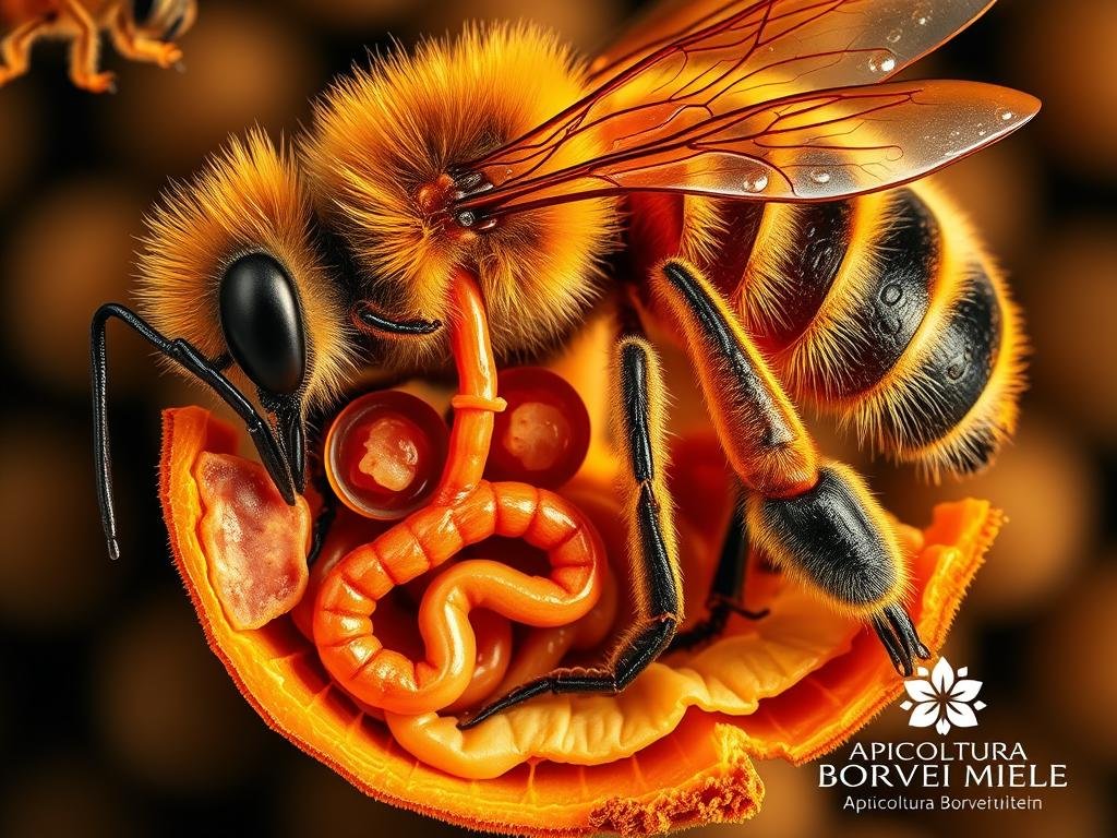 Detailed and vibrant cross-section of the intricate digestive system of a honey bee, showcasing its complex gastrointestinal anatomy. Rendered in a naturalistic, scientific style with a focus on accuracy and clarity. Prominent features include the crop, ventriculus, Malpighian tubules, and hindgut, all meticulously depicted. Warm, earthy tones evoke the hive environment, while soft lighting illuminates the internal structures. Visually inspired by Italian scientific illustrations, with a sense of technical precision. In the bottom right corner, the APICOLTURA BORVEI MIELE brand logo is prominently displayed.
