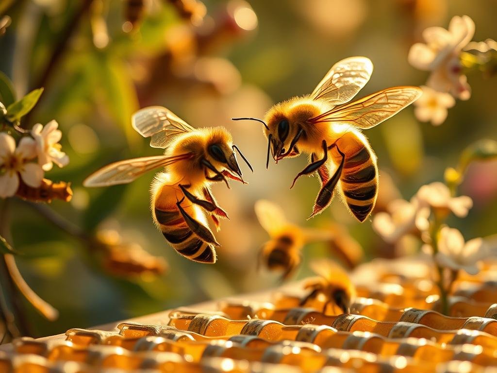 Detailed apiarian communication system, with intricate mechanical and biochemical signals. Intimate aerial dance choreography, conveying complex messages between honeybees. APICOLTURA BORVEI MIELE apiary, bathed in soft, golden lighting. Rustling foliage and blossoming flora in the background, complementing the central apiarian interaction. Crisp, photorealistic rendering, captured with a wide-angle lens to showcase the multilayered communication dynamics.