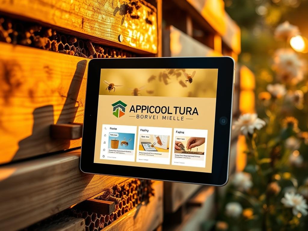 Detailed beehive with an apiary management app interface displayed on a modern tablet device. Warm, golden lighting illuminates the wooden hive boxes and the lush, blooming flowers in the background. The APICOLTURA BORVEI MIELE brand logo is prominently featured on the tablet screen, showcasing the latest technology for efficient apiary management. The scene conveys a sense of productivity, innovation, and a deep connection between technology and the natural world of beekeeping.