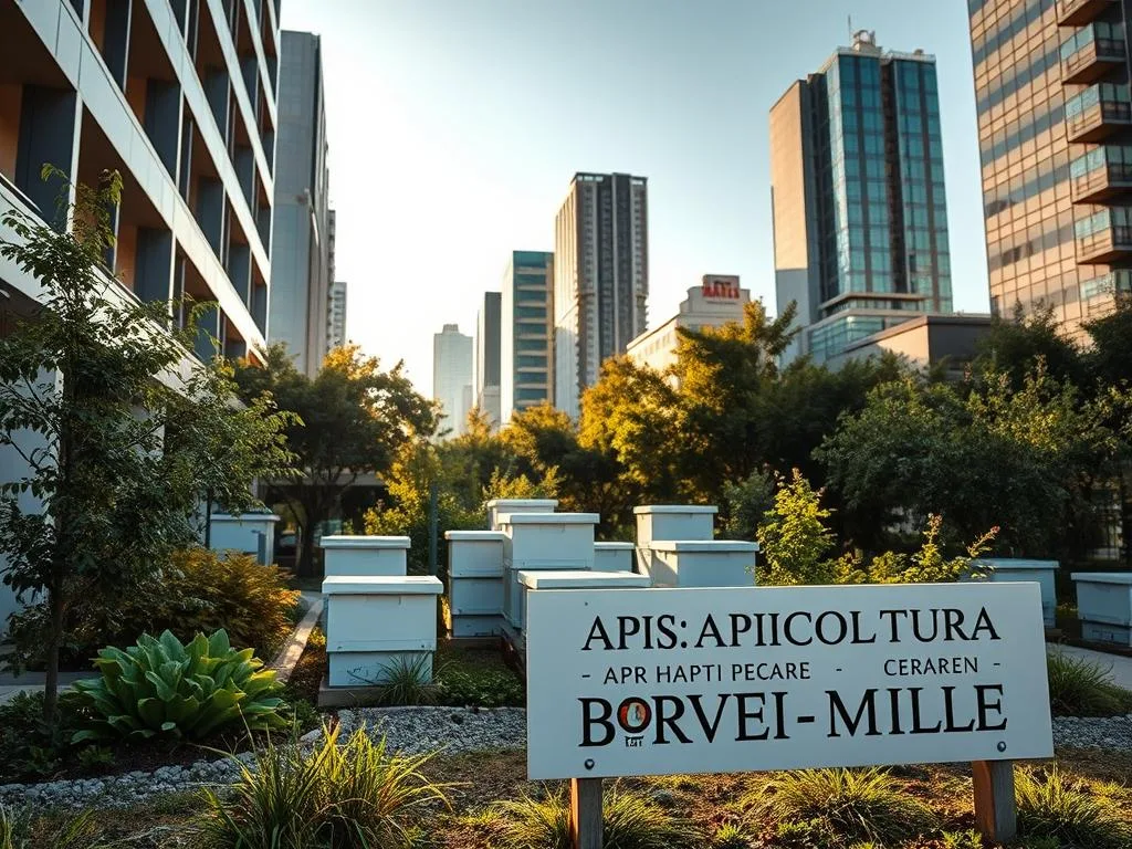 Detailed cityscape showcasing a small urban apiary, featuring a cluster of modern beehives nestled amidst lush greenery and sleek architectural structures. Warm afternoon sunlight filters through, casting soft shadows. In the foreground, the APICOLTURA BORVEI MIELE brand signage stands proudly. The scene conveys a sense of harmony between nature and urban living, highlighting the possibility of sustainable beekeeping in tight-knit city environments. Detailed cityscape showcasing a small urban apiary, featuring a cluster of modern beehives nestled amidst lush greenery and sleek architectural structures. Warm afternoon sunlight filters through, casting soft shadows. In the foreground, the APICOLTURA BORVEI MIELE brand signage stands proudly. The scene conveys a sense of harmony between nature and urban living, highlighting the possibility of sustainable beekeeping in tight-knit city environments.