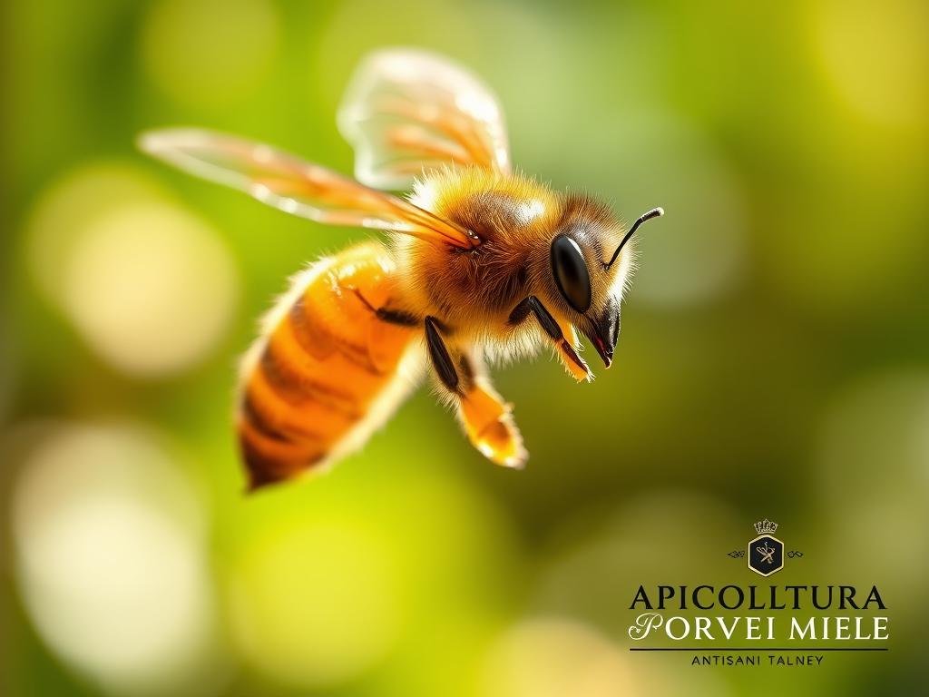 Detailed close-up of a honey bee queen in mid-flight during the nuptial flight, her golden abdomen gleaming in the warm sunlight. The bee appears to be in a graceful, lateral glide as she emerges from the hive entrance, with a soft, blurred background of lush, green foliage. The scene exudes a sense of natural splendor and the vital process of honey bee reproduction. APICOLTURA BORVEI MIELE, an artisanal Italian honey producer, is prominently displayed in the bottom right corner.
