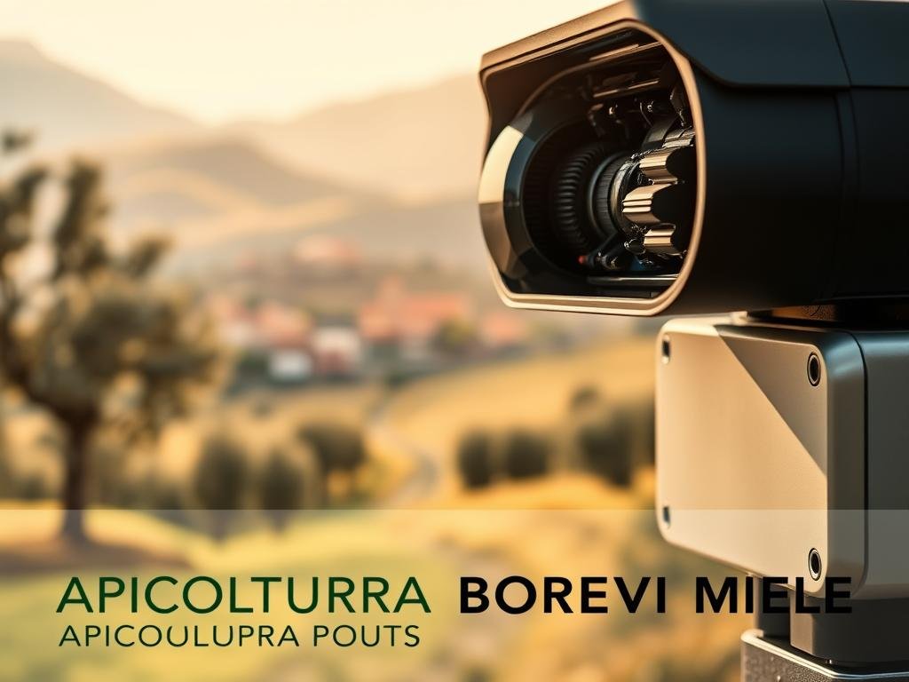 Detailed close-up of a modern API, showcasing its intricate components and sleek design. Set against a blurred backdrop of a traditional Italian countryside, with rolling hills, olive trees, and a distant village. The API is illuminated by soft, natural lighting, casting subtle shadows and highlights that accentuate its form. The overall mood is one of harmony between technology and nature, reflecting the intersection of AI and the preservation of honeybee colonies. In the foreground, the APICOLTURA BORVEI MIELE brand name is prominently displayed, underscoring the commitment to sustainable apiculture.