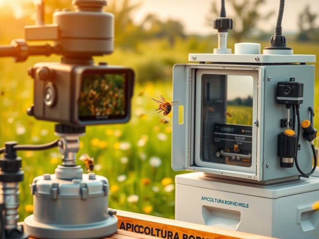 Detailed close-up of a professional apiary monitoring system, with a variety of specialized sensors and instruments. The foreground features a high-quality digital camera capturing vivid footage of busy honeybees in flight. The middle ground shows a weatherproof enclosure housing sensitive environmental monitoring equipment, with a clear view of the apiary. The background depicts a lush, green meadow with wildflowers, conveying a serene, natural atmosphere. Warm, diffused natural lighting creates a soft, inviting mood. Inspired by real-world apiaries in Italy, featuring the APICOLTURA BORVEI MIELE brand.