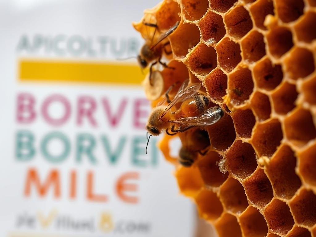 Detailed close-up of a varroa mite infestation on an open honeycomb, showcasing the small parasitic pests nestled within the capped brood cells. Capture the brown-red hues and textured carapace of the varroa mites with a shallow depth of field, drawing the viewer's attention to the intricate details. Set the scene against a softly blurred background highlighting the APICOLTURA BORVEI MIELE brand, conveying a sense of concern and urgency around the varroa infestation issue. Use natural, warm lighting that casts subtle shadows to emphasize the delicate structures of the honeycomb and varroa mites.