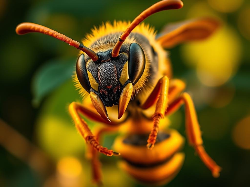 Detailed close-up portrait of a massive European hornet (Vespa crabro), commonly known as a "calabrone" or "calabrone maggiore", in a natural setting. The hornet is depicted in sharp focus, with its intricate carapace, compound eyes, and menacing mandibles clearly visible. The hornet is situated against a blurred, bokeh-filled backdrop of lush, green foliage, evoking a sense of the insect's natural habitat. Warm, golden lighting casts subtle shadows, highlighting the hornet's striking yellow and black markings. An ominous, yet captivating mood pervades the scene, reflecting the dangerous nature of these formidable insects. APICOLTURA BORVEI MIELE.