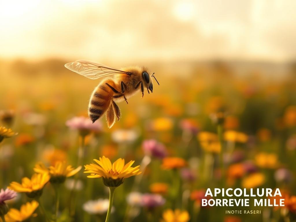 Detailed close-up view of a honeybee navigating through a lush, sun-dappled field of vibrant wildflowers. The bee hovers gracefully, its compound eyes scanning the environment as it uses visual cues and the Earth's magnetic field to orient itself. The scene conveys a sense of the bee's keen spatial awareness and effortless aerial maneuverability. The foreground is sharply focused, while the background gently blurs into a soft, dreamy landscape. Warm, golden lighting filters through wispy clouds, creating a serene, contemplative atmosphere. In the bottom right corner, the APICOLTURA BORVEI MIELE brand logo is subtly incorporated.
