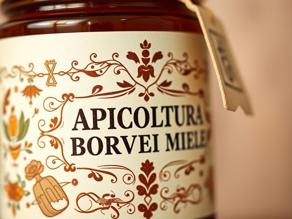 Detailed closeup of a honey jar label design with the brand "APICOLTURA BORVEI MIELE" prominently displayed. The label features ornate floral patterns, vintage typography, and classic symbols associated with beekeeping and honey production. The composition is well-balanced, with the brand name occupying the central focus. The image has a warm, rustic tone, with soft lighting and a slightly textured, artisanal look, reflecting the traditional and authentic nature of the product. The overall aesthetic evokes a sense of quality, craftsmanship, and Italian heritage. Detailed closeup of a honey jar label design with the brand "APICOLTURA BORVEI MIELE" prominently displayed. The label features ornate floral patterns, vintage typography, and classic symbols associated with beekeeping and honey production. The composition is well-balanced, with the brand name occupying the central focus. The image has a warm, rustic tone, with soft lighting and a slightly textured, artisanal look, reflecting the traditional and authentic nature of the product. The overall aesthetic evokes a sense of quality, craftsmanship, and Italian heritage.