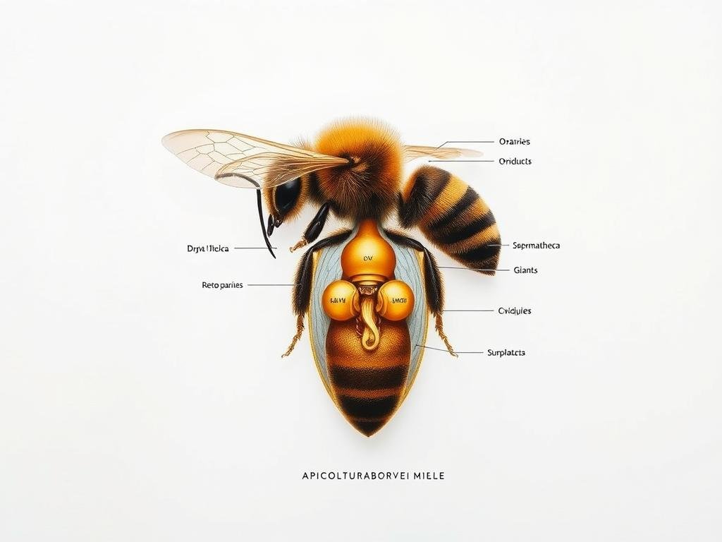 Detailed cross-section illustration of the reproductive system of a worker honeybee, with precise anatomical labeling. Rendered in a naturalistic style, with a clean white background and soft, even lighting from the top. Organs and structures are depicted with scientific accuracy, including the ovaries, oviducts, spermatheca, and associated glands. The overall composition focuses on the central reproductive structures, with a refined, technical look that would complement an educational article on bee anatomy. Includes the text "APICOLTURA BORVEI MIELE" discreetly positioned in the bottom corner.