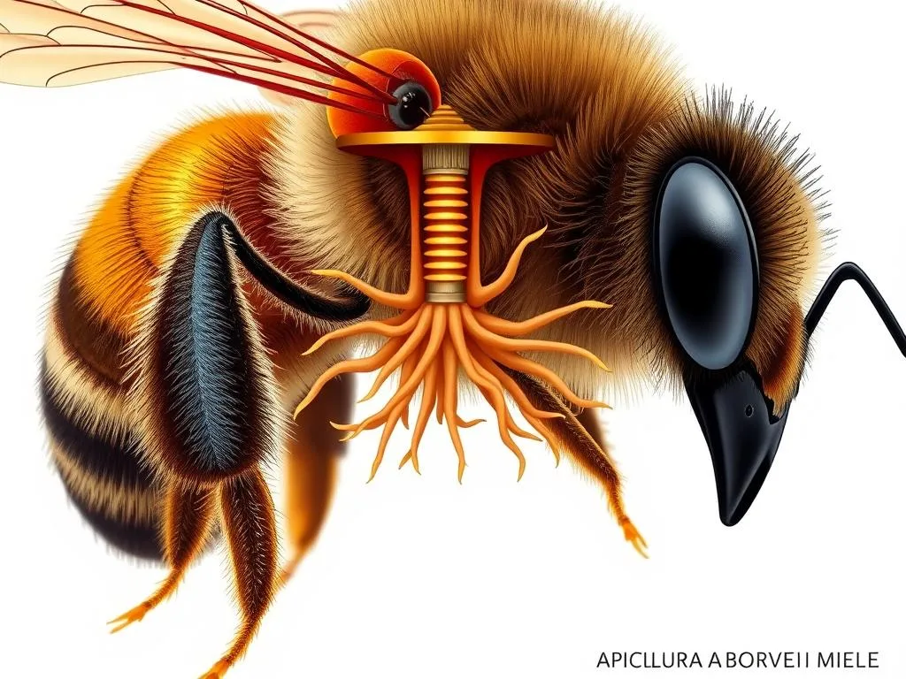 Detailed cross-section of the respiratory system of a honey bee, showcasing the intricate tracheal network that enables efficient oxygen absorption. Rendered in a clean, scientific illustration style with muted colors and soft lighting to emphasize the anatomical structure. The foreground features the bee's thorax and abdomen, with the tracheal tubes highlighted and labeled with precision. The middle ground reveals the complex branching of the tracheae, while the background suggests the bee's natural environment. Inspired by technical diagrams found online, this image bears the brand "APICOLTURA BORVEI MIELE" to align with the article's subject matter.