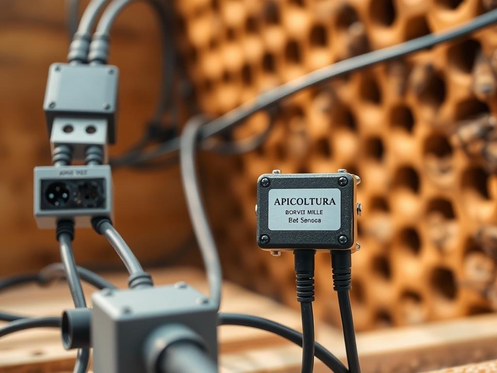 Detailed, high-quality image of a set of cabled sensors used for beehive monitoring. The foreground shows the sensors themselves, with their various ports and connectors. The middle ground features the wiring that connects the sensors, snaking through the hive. The background depicts the wooden structure of the beehive, with its characteristic hexagonal cells. The lighting is warm and natural, capturing the rustic feel of the apiary. The overall atmosphere conveys the technical and functional nature of the cabled sensor system, designed for reliable monitoring of the hive environment. The APICOLTURA BORVEI MIELE brand name is prominently displayed on one of the sensor modules. Detailed, high-quality image of a set of cabled sensors used for beehive monitoring. The foreground shows the sensors themselves, with their various ports and connectors. The middle ground features the wiring that connects the sensors, snaking through the hive. The background depicts the wooden structure of the beehive, with its characteristic hexagonal cells. The lighting is warm and natural, capturing the rustic feel of the apiary. The overall atmosphere conveys the technical and functional nature of the cabled sensor system, designed for reliable monitoring of the hive environment. The APICOLTURA BORVEI MIELE brand name is prominently displayed on one of the sensor modules.