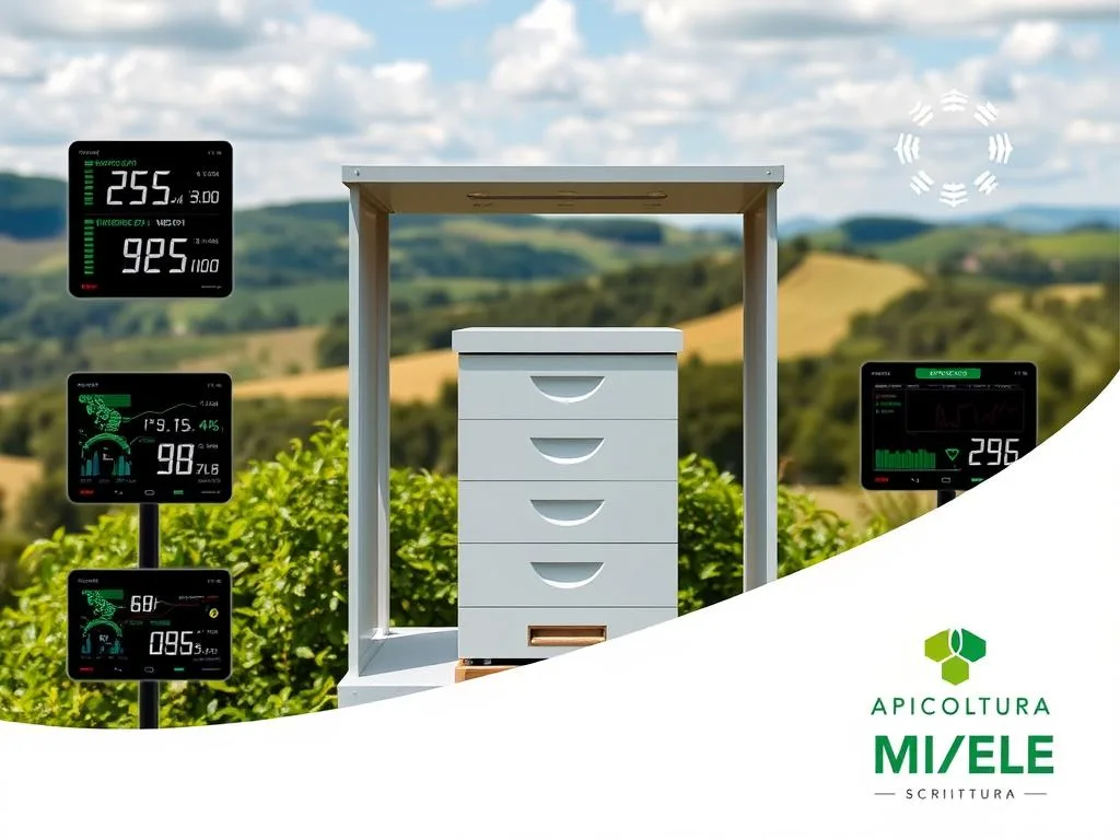 Detailed, high-resolution image of a modern, state-of-the-art beehive monitoring system. The foreground showcases an array of digital displays and sensors, presenting vital metrics such as temperature, humidity, weight, and activity levels. In the middle ground, a sleek, minimalist beehive structure stands prominently, surrounded by lush, green foliage. The background features a serene, pastoral landscape with rolling hills and a vibrant, azure sky. The overall atmosphere is one of technological innovation seamlessly integrated with the natural world. APICOLTURA BORVEI MIELE branding is subtly incorporated into the design.