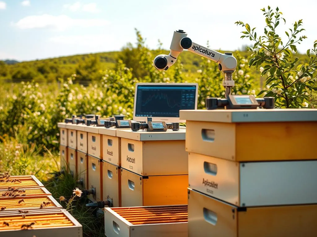 Detailed, high-resolution image of a modern, technologically-advanced apiary. In the foreground, a row of "Apicoltura" brand beehives outfitted with sensors and monitoring equipment. The middle ground shows an automated robotic arm inspecting the hives, with a computer display in the background providing real-time data. The background depicts a lush, verdant landscape with blooming flowers and a clear, blue sky. Warm, soft lighting creates a serene, natural atmosphere. Capture the efficiency, innovation, and environmental harmony of this "technological apiculture" system.