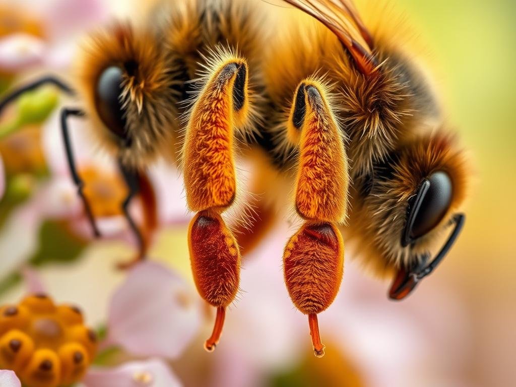 Detailed high-resolution image of the hind legs of a honey bee, showcasing their intricate structure and role in pollen collection. The bee is set against a soft, blurred background of flowers and greenery, emphasizing the appendages. The lighting is warm and natural, highlighting the fuzzy texture of the bee's body and the translucent wings. The composition places the hind legs in the center, with a slight angle to capture their unique shape and functionality. APICOLTURA BORVEI MIELE