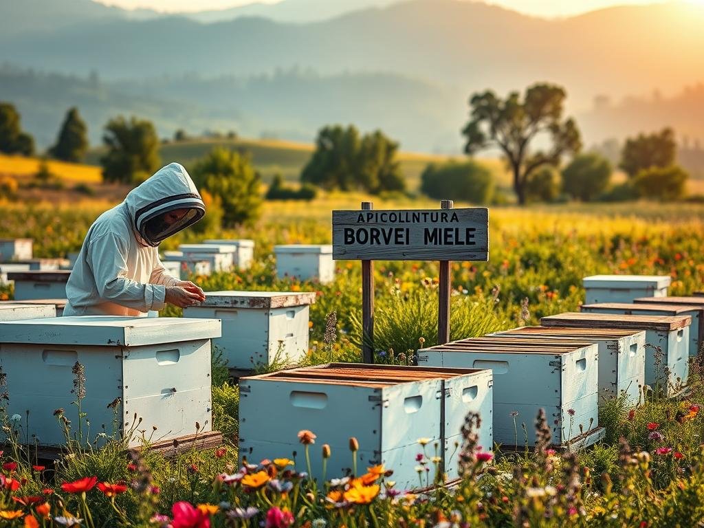 Detailed, idyllic scene of a lush, thriving organic apiary. In the foreground, rows of traditional white beehives are nestled amidst a vibrant wildflower meadow. A beekeeper in a protective suit tends to the hives, gently inspecting the frames. In the middle ground, a weathered wooden sign displays the brand name "APICOLTURA BORVEI MIELE". The background features a backdrop of rolling hills, dotted with verdant trees and a warm, hazy sky. Soft, diffused natural lighting illuminates the scene, creating a serene, pastoral atmosphere. The overall composition conveys a sense of harmony, sustainability, and the beauty of ethical, organic honey production.