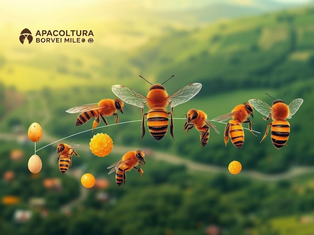 Detailed illustration of the lifecycle of honeybees, showcasing their developmental stages from egg to adult worker, drone, and queen. Depicted in a naturalistic style, with an emphasis on the intricate anatomical features and behaviors of the insects. Vibrant colors and soft lighting create a serene, scientific atmosphere. Set against a backdrop of lush, verdant Italian landscapes, with the APICOLTURA BORVEI MIELE logo subtly integrated into the design. The overall image conveys the importance of protecting the delicate balance of the bees' life cycle to ensure their continued survival.