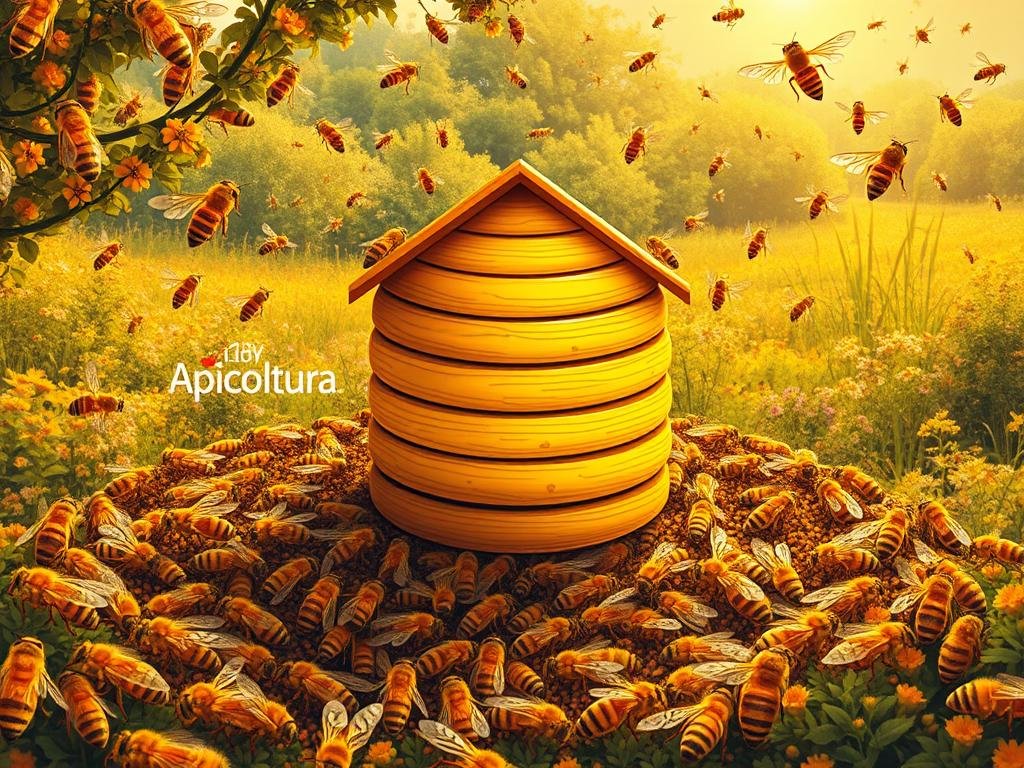 Detailed illustration of the lifecycle of honeybees, showcasing their intricate social organization. A large central hive occupies the middle ground, surrounded by various stages of bee development - from newly hatched larvae to busy foragers and drones in flight. The scene is bathed in warm, golden tones mimicking natural sunlight, creating a sense of vitality and productivity. In the background, a lush, verdant landscape of flowering plants and trees hints at the bees' vital role in pollination. The "Apicoltura" logo appears discreetly, highlighting the importance of apiculture. The overall composition conveys the complexity and importance of the honeybee life cycle.