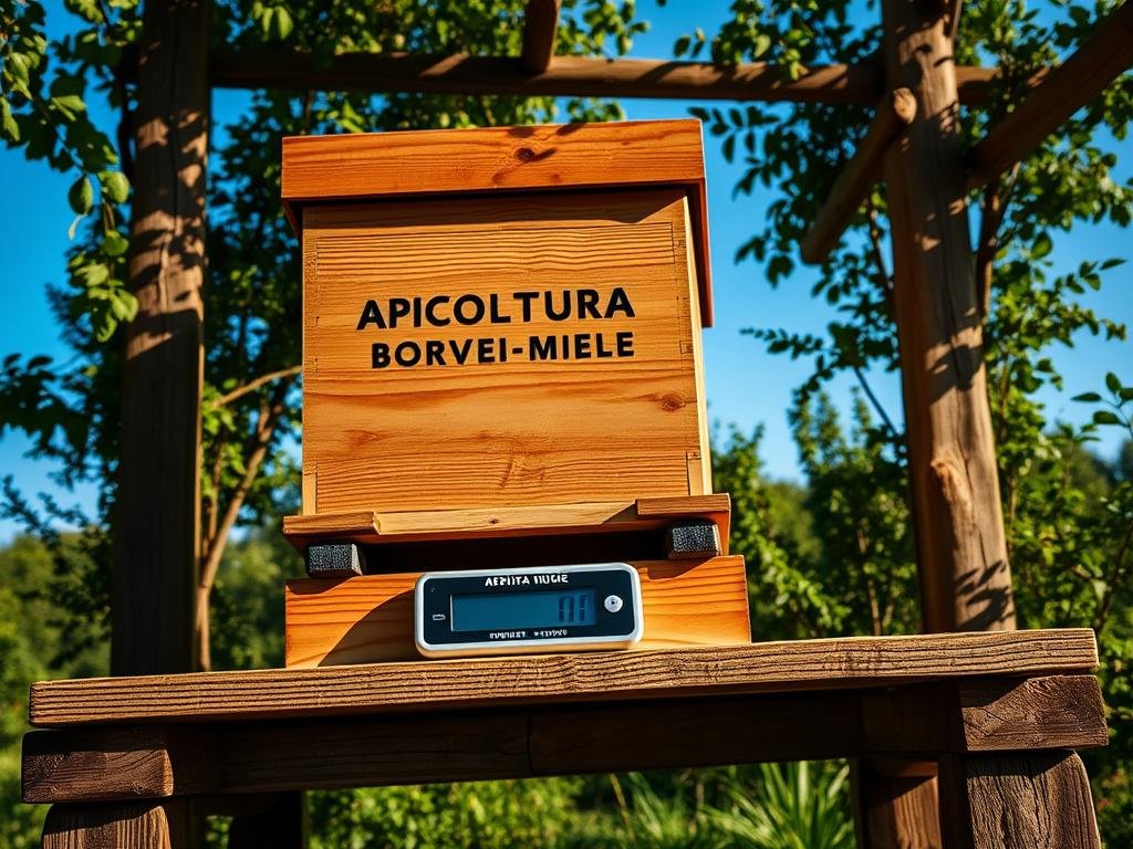 Detailed image of a apiary weight monitoring system in a rustic Italian setting. A sturdy wooden platform with a digital scale supports a heavy-duty hive, surrounded by lush greenery and a clear blue sky. The hive is emblazoned with the brand name "APICOLTURA BORVEI MIELE". The lighting is natural and warm, casting soft shadows that accentuate the textures of the wood and vegetation. The camera angle is slightly elevated, giving a birds-eye view of the scene, conveying a sense of purpose and efficiency in the apiculture process. The overall mood is one of tranquility and productivity, reflecting the practical advantages of weight monitoring for beekeepers.