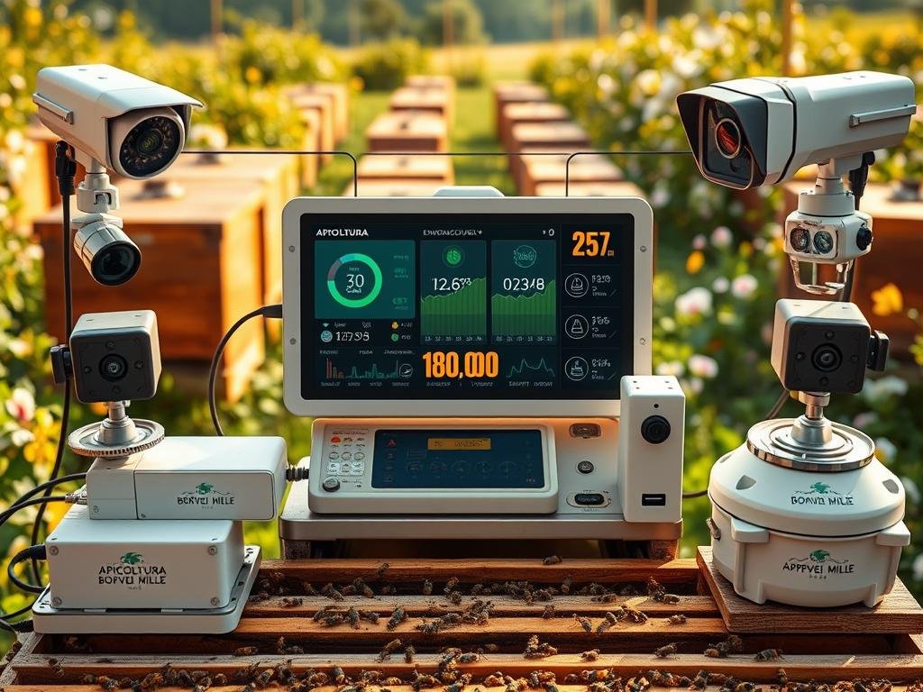 Detailed image of a digital monitoring system for a beehive, showcasing the benefits of IoT connectivity for the digital management of apiaries. A central control panel displays real-time data from sensors throughout the hive, including temperature, humidity, and bee activity levels. Surrounding the panel are various IoT-enabled devices such as cameras, environmental monitors, and automated feeding systems, all adorned with the logo "APICOLTURA BORVEI MIELE". The scene is set against a background of a serene, lush apiary, with beehives and blooming flowers visible in the distance, reflecting the harmony between technology and nature. The lighting is warm and inviting, conveying a sense of efficiency and control in the digital management of this sustainable apiary.