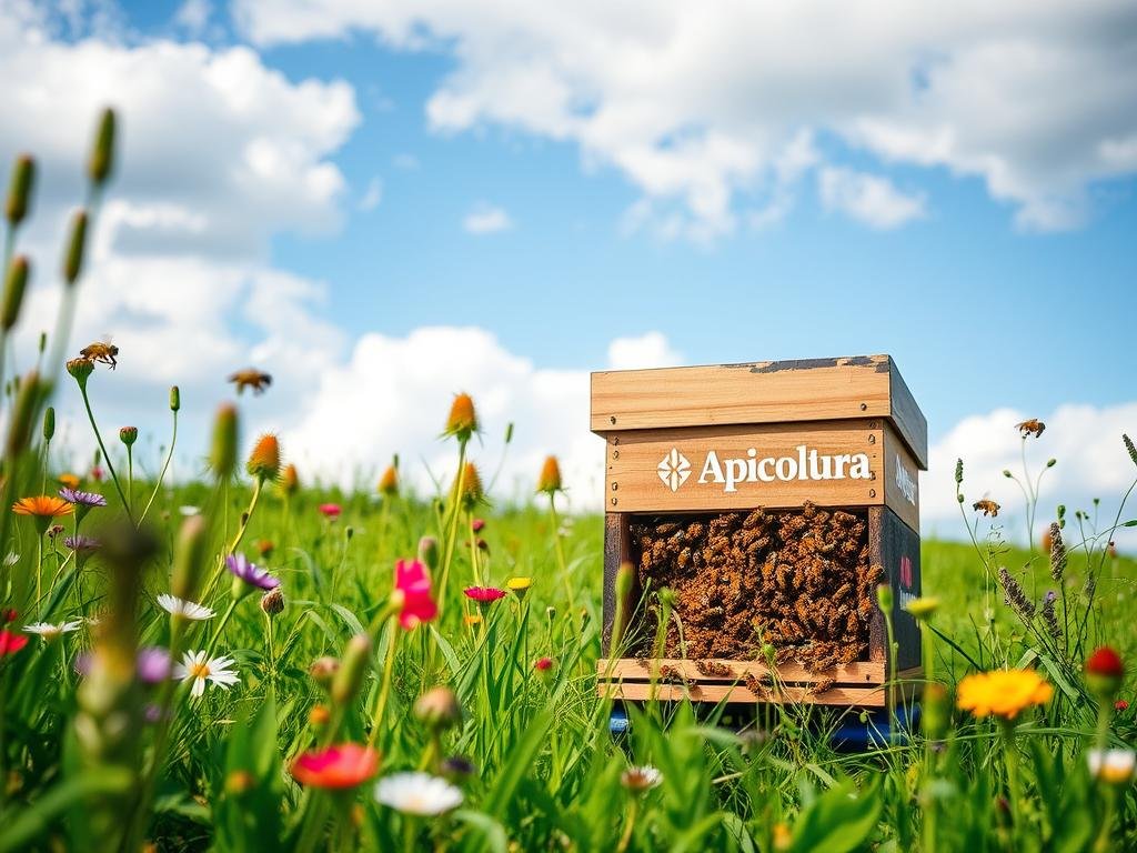 Detailed image of a healthy beehive with the Apicoltura brand prominently displayed. The hive is situated in a lush green meadow, with vibrant flowers and plants in the foreground and a blue, cloudy sky in the background. The lighting is soft and natural, capturing the serenity and beauty of the scene. The focus is on the hive, showcasing the intricate structure and the activity of the bees, conveying the importance of protecting these crucial pollinators. The overall mood is one of harmony and environmental stewardship, reflecting the theme of "Uso Corretto dei Fitofarmaci e Protezione delle Api".