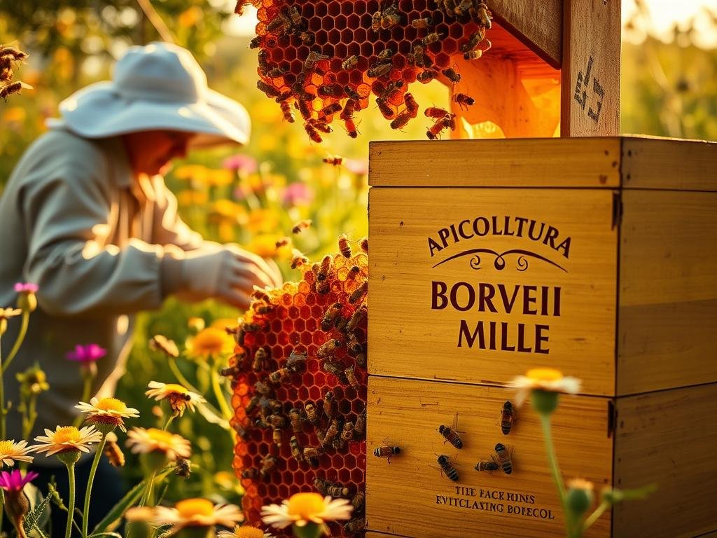 Detailed image of a vibrant beehive in a lush, sun-dappled meadow, with honeycomb structures and busy worker bees collecting nectar from vibrant wildflowers. In the foreground, a beekeeper in traditional attire carefully tends to the hive, capturing the harmony between agriculture and nature. The APICOLTURA BORVEI MIELE brand is prominently displayed on the side of the hive, showcasing the local origins of the honey. Warm, golden lighting illuminates the scene, conveying the richness and quality of the honey production. The overall atmosphere evokes a sense of organic, sustainable agriculture in harmony with the local ecosystem.