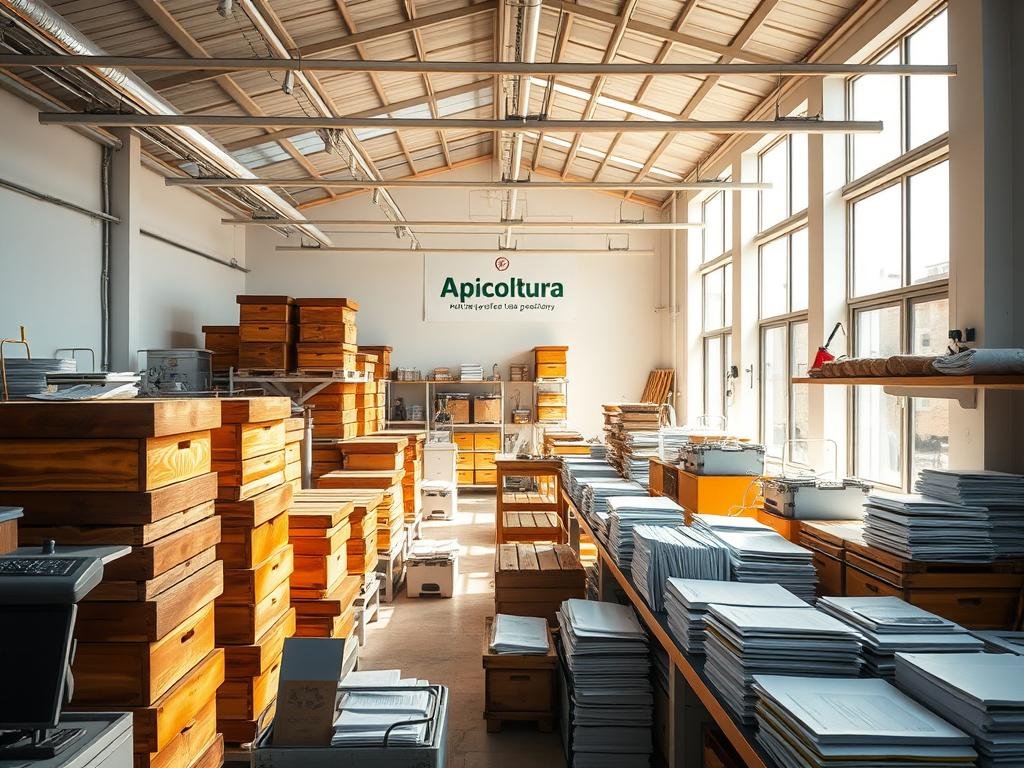 Detailed interior of a modern Italian beekeeping facility, with the Apicoltura brand prominently displayed. Bright, airy workspace filled with wooden hives, extraction equipment, and other apiculture tools. Sunlight streams in through large windows, casting a warm glow over the scene. Rows of neatly organized paperwork and files sit on desks, representing the administrative and regulatory aspects of running a registered apiary. A sense of professionalism and organization pervades the environment, reflecting the meticulous care and attention required for compliant beekeeping operations.