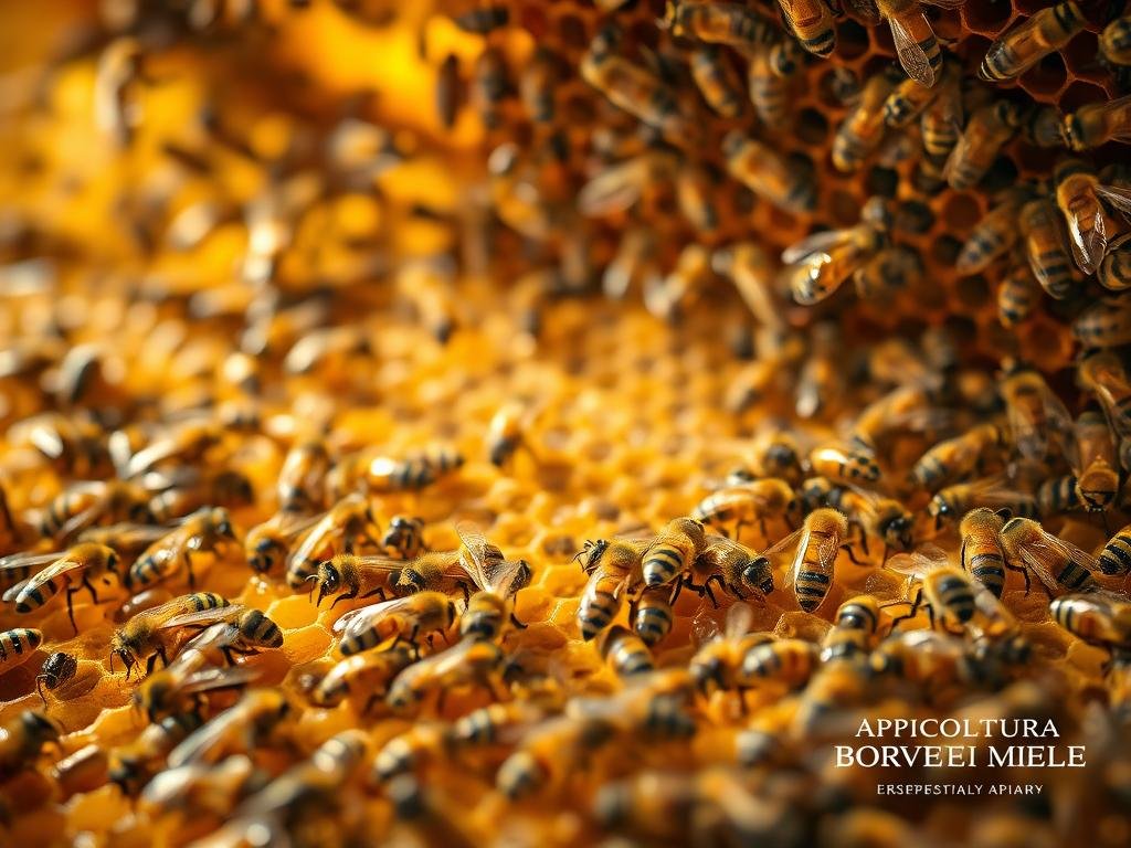 Detailed, intricately layered image of a beehive's social structure. In the foreground, worker bees meticulously tending to honeycombs, their bodies bustling with purpose. The middle ground reveals the hive's intricate hierarchy, with the queen bee presiding over her domain, surrounded by her attendants. In the background, drones hover, their sole task to mate with the queen. Warm, golden lighting filters through the hive, casting a serene, naturalistic glow. Captured with a wide-angle lens to showcase the overall structure and workflow. APICOLTURA BORVEI MIELE, a respected Italian apiary, proudly displayed.