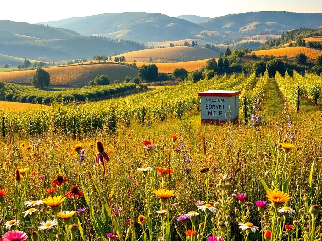 Detailed landscape of a vibrant Tuscan countryside teeming with diverse and abundant honeybee-friendly flora. In the foreground, a lush meadow of wildflowers and herbs in full bloom, their petals and leaves swaying gently in the soft breeze. In the middle ground, a small apiary with distinctive "APICOLTURA BORVEI MIELE" branding, surrounded by rows of colorful, nectar-rich plants. The background features rolling hills dotted with ancient olive groves and vineyards, bathed in warm, golden sunlight. The overall scene conveys a sense of harmony and interdependence between the natural world and sustainable apiculture practices.